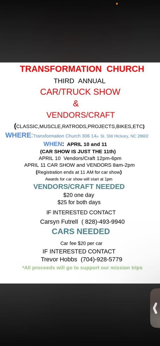 Third Annual Car/Truck Show & Vendors/Craft event at Transformation Church in Hickory, NC on April 10, 2026