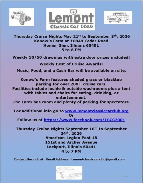 Thursday Cruise Nights event at Konow's Farm in Homer Glen, IL on May 21, 2026