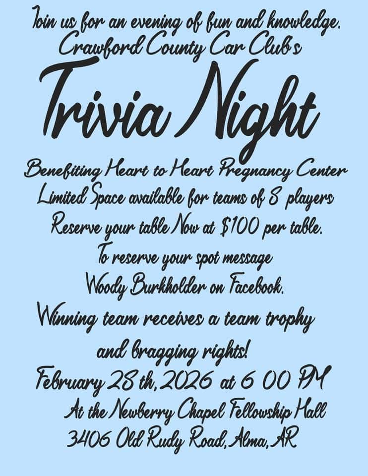 Trivia Night with the Crawford County Car Club event at 3406 Old Rudy Rd in Alma, AR on February 28, 2026