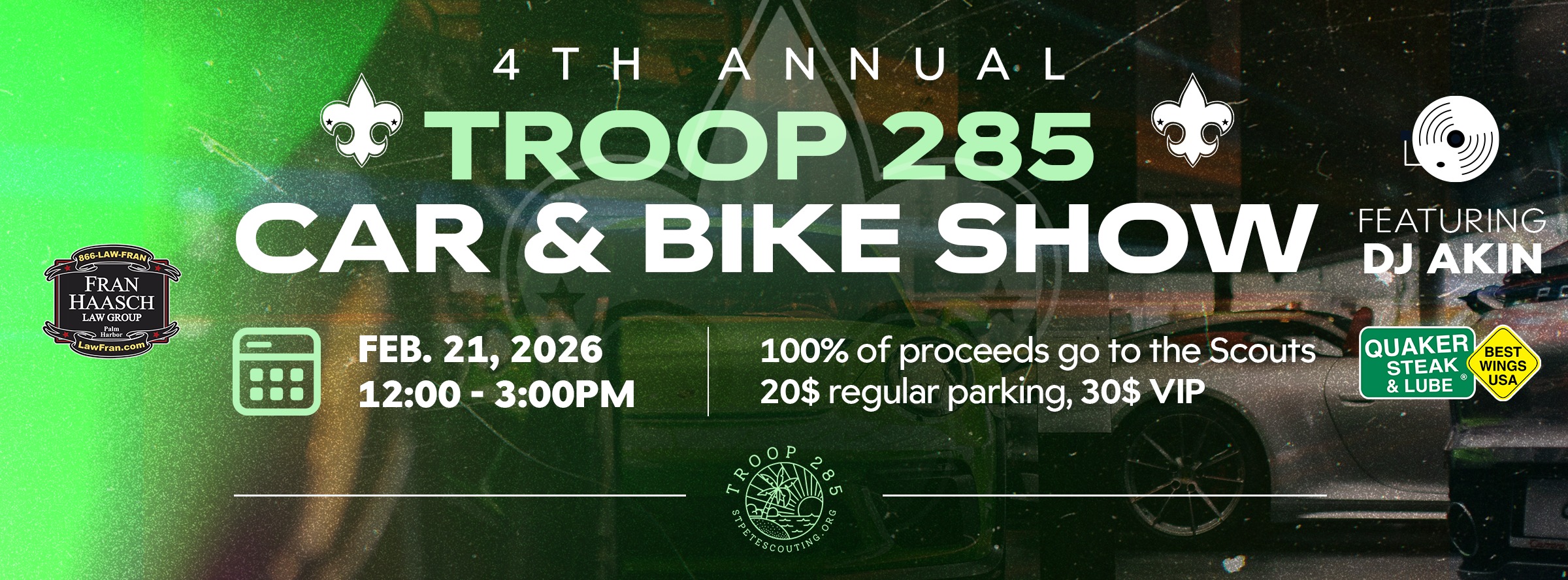 Troop 285 Car & Bike Show event at 10400 49th St N in Clearwater, FL on February 21, 2026