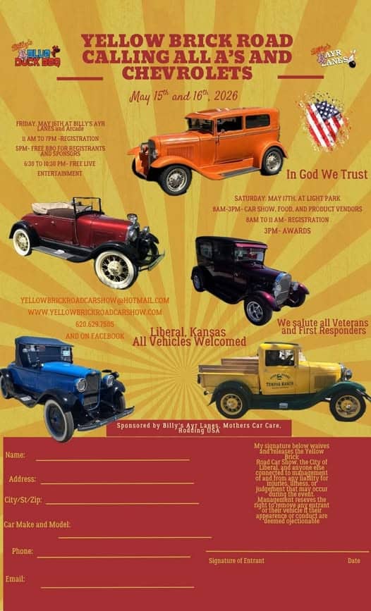 Yellow Brick Road Calling All A's And Chevrolets event at Light Park in Liberal, KS on May 15, 2026