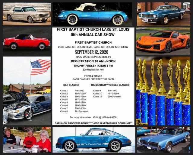 10th Annual Car Show event at First Baptist Church in Lake St. Louis, MO on September 12, 2026