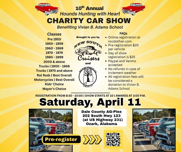 10th Annual Charity Car Show event at Dale County AG-Plex in Ozark, AL on April 11, 2026