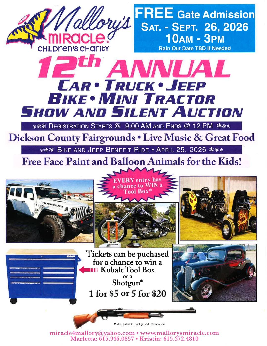 12th Annual Car Truck Jeep Bike Mini Tractor Show And Silent Auction event at Dickson County Fairgrounds in Dickson, TN on September 26, 2026