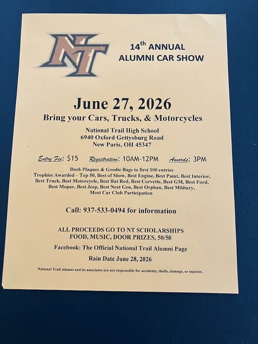 14th Annual Alumni Car Show event at National Trail High School in New Paris, OH on June 27, 2026