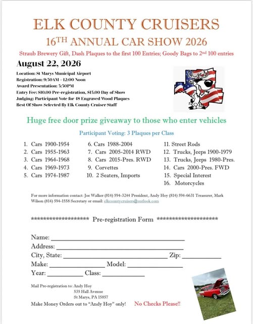 16th Annual Car Show 2026 event at St Marys Municipal Airport in St Marys, PA on August 22, 2026