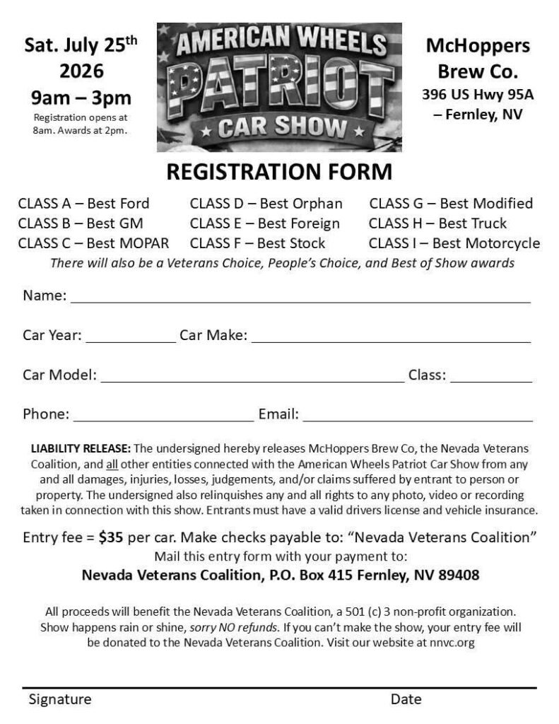 American Wheels Patriot Car Show event at McHoppers Brew Co. in Fernley, NV on July 25, 2026