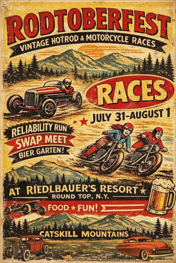 Rodtoberfest Vintage Hotrod & Motorcycle Races event at Riedlbauer's Resort in Round Top, NY on July 31, 2026