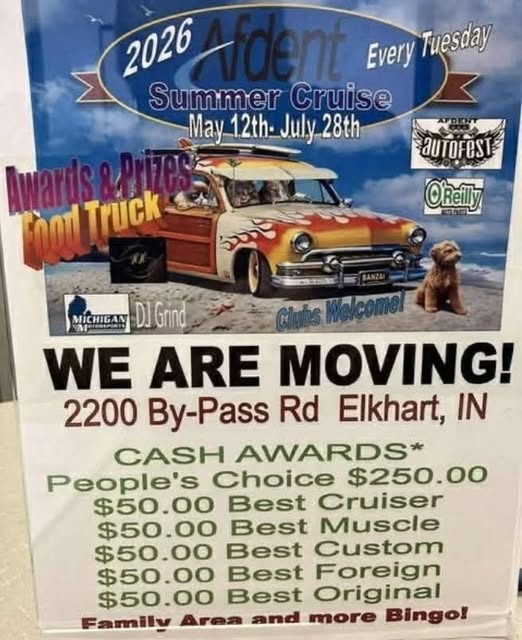 2026 Afdent Summer Cruise event at 2200 By-Pass Rd in Elkhart, IN on May 12, 2026