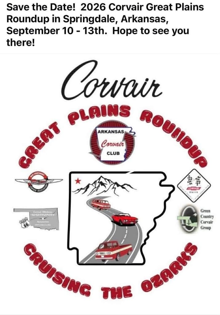 2026 Corvair Great Plains Roundup event at 1500 South 48th St in Springdale, AR on September 10, 2026