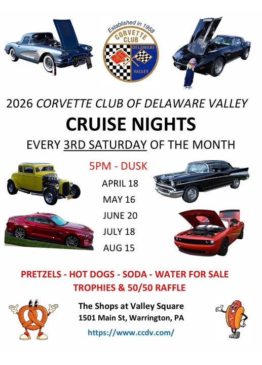 2026 Corvette Club Of Delaware Valley Cruise Nights event at The Shops at Valley Square in Warrington, PA on April 18, 2026