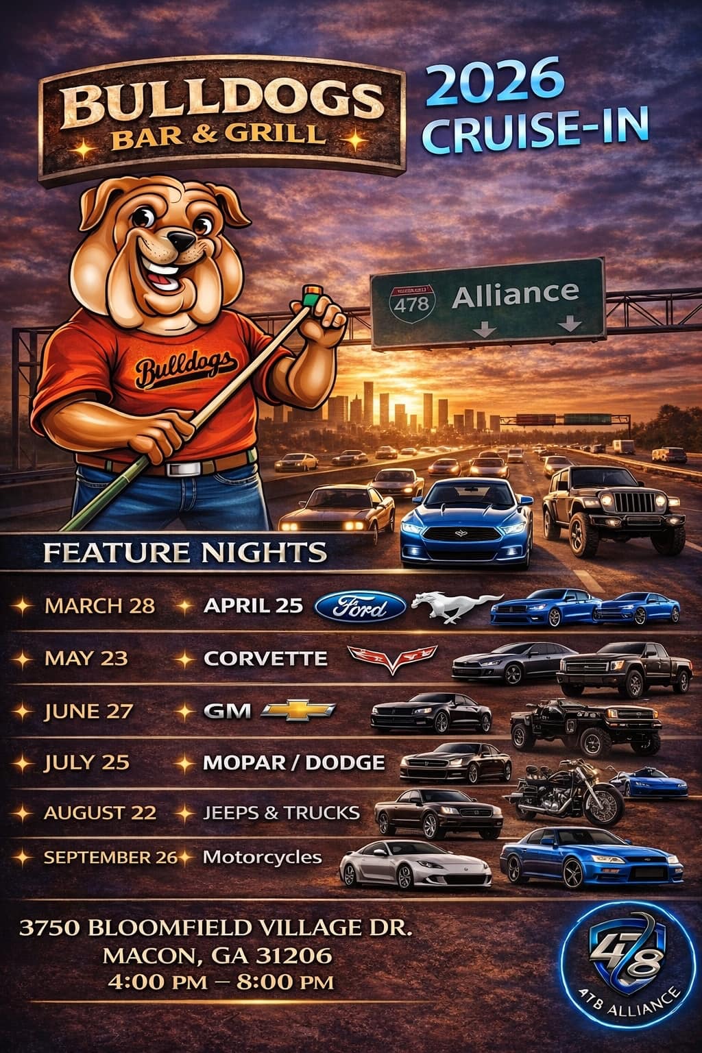 2026 Cruise-In event at Bulldogs Bar & Grill in Macon, GA on April 25, 2026
