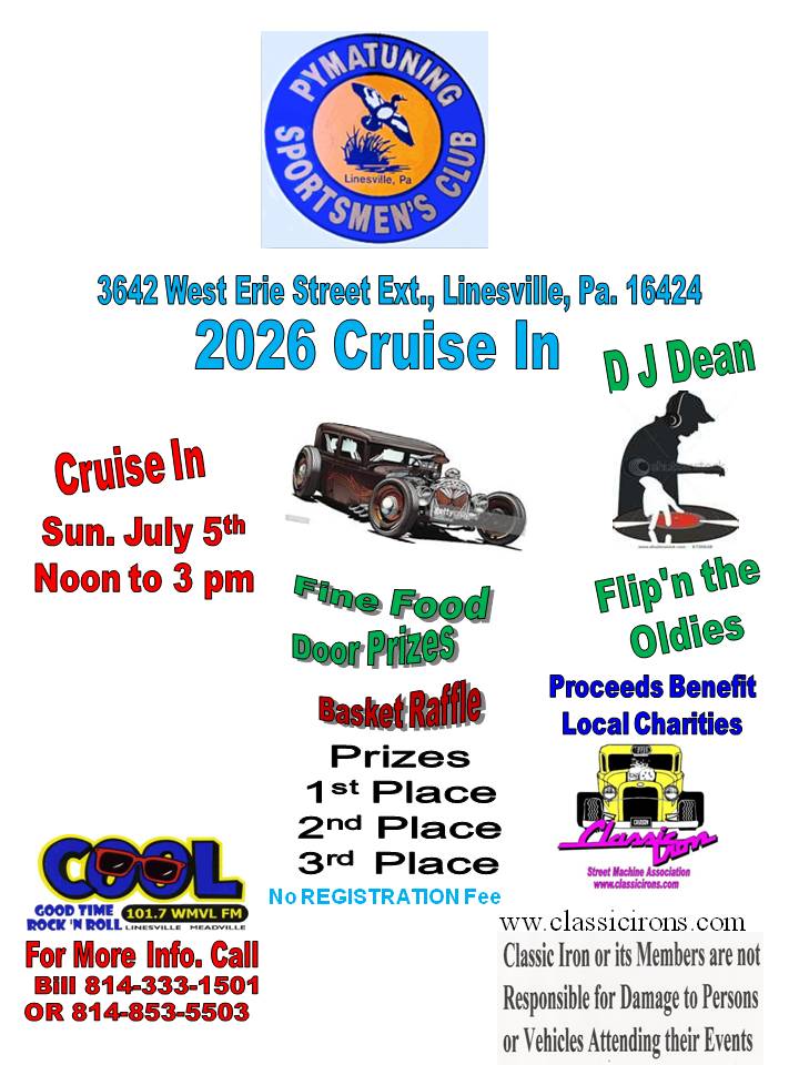 2026 Cruise In event at Pymatuning Sportsmen's Club in Linesville, PA on July 5, 2026