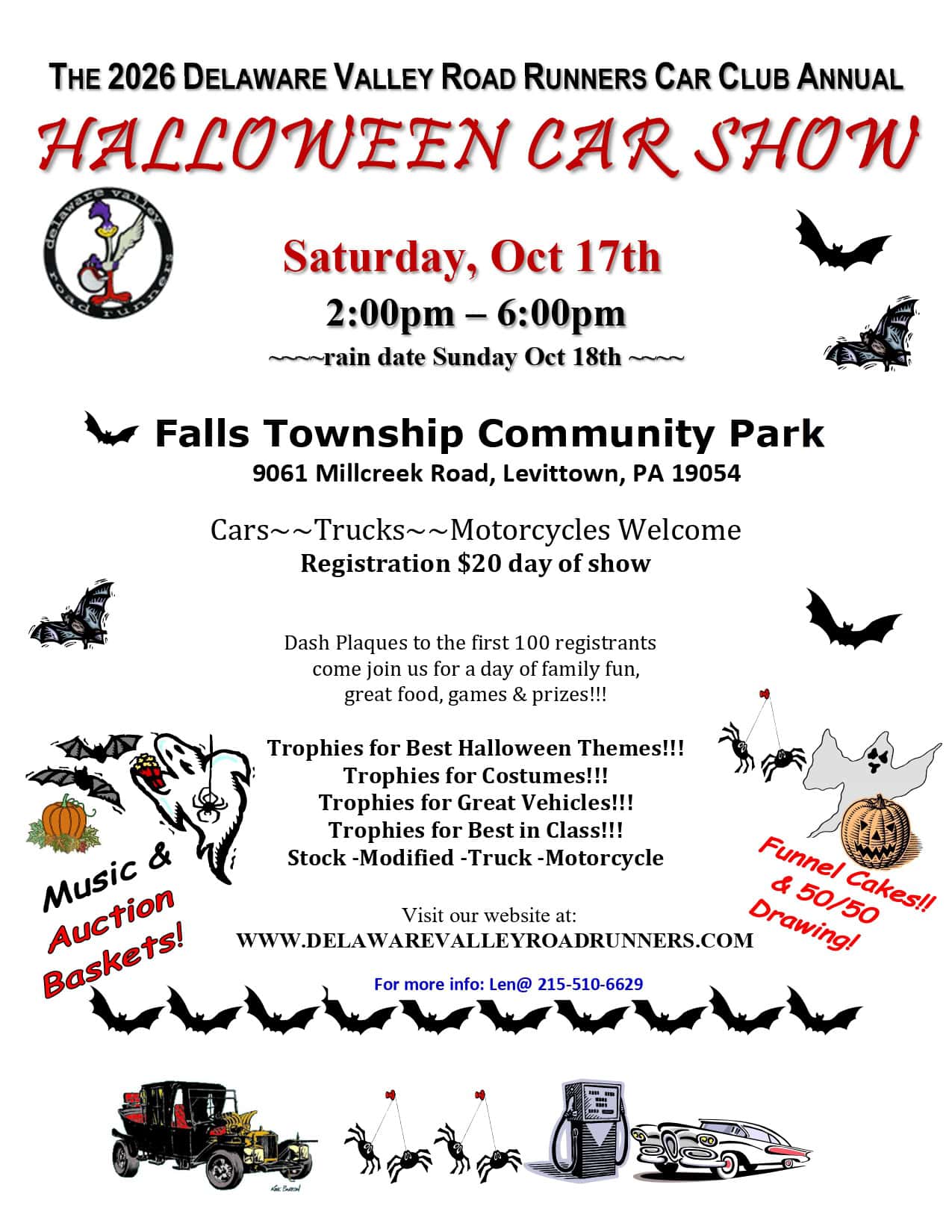 2026 Delaware Valley Road Runners Car Club Annual Halloween Car Show event at Falls Township Community Park in Levittown, PA on October 17, 2026