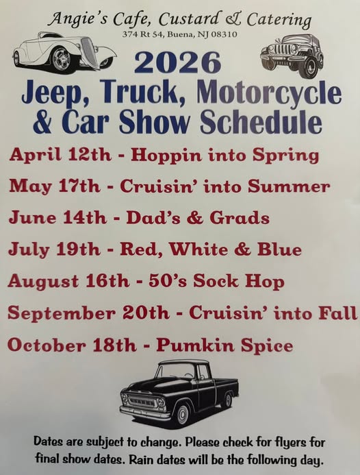 2026 Jeep, Truck, Motorcycle & Car Show Schedule event at Angie's Cafe, Custard & Catering in Buena, NJ on April 12, 2026