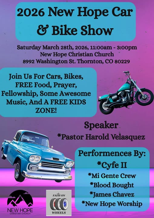 2026 New Hope Car & Bike Show event at New Hope Christian Church in Thornton, CO on March 28, 2026