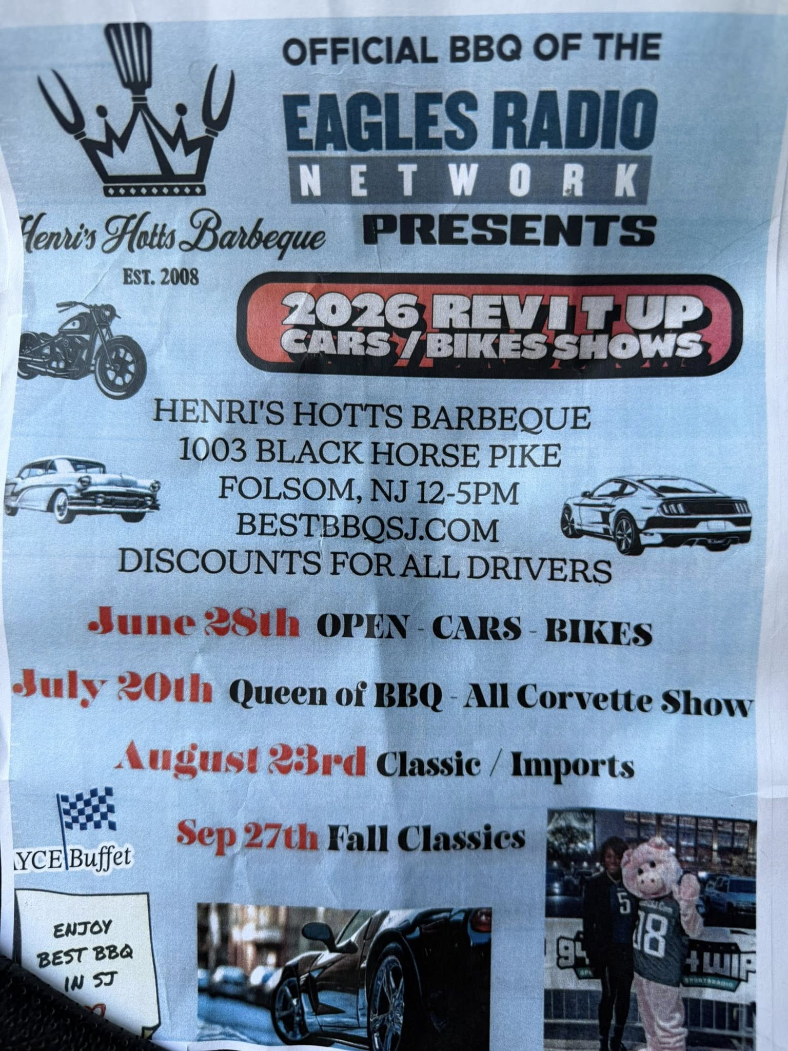 2026 Rev It Up Cars/Bikes Shows event at Henri's Hotts Barbeque in Folsom, NJ on June 28, 2026