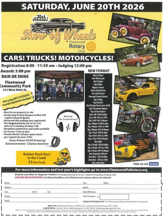 20th Annual Show Of Wheels event at Fleetwood Community Park in Fleetwood, PA on June 20, 2026