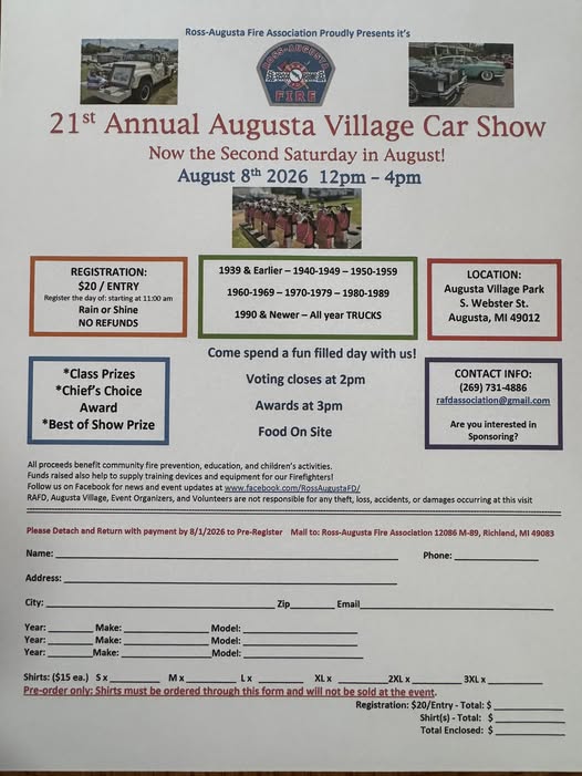 21st Annual Augusta Village Car Show event at Augusta Village Park in Augusta, MI on August 8, 2026