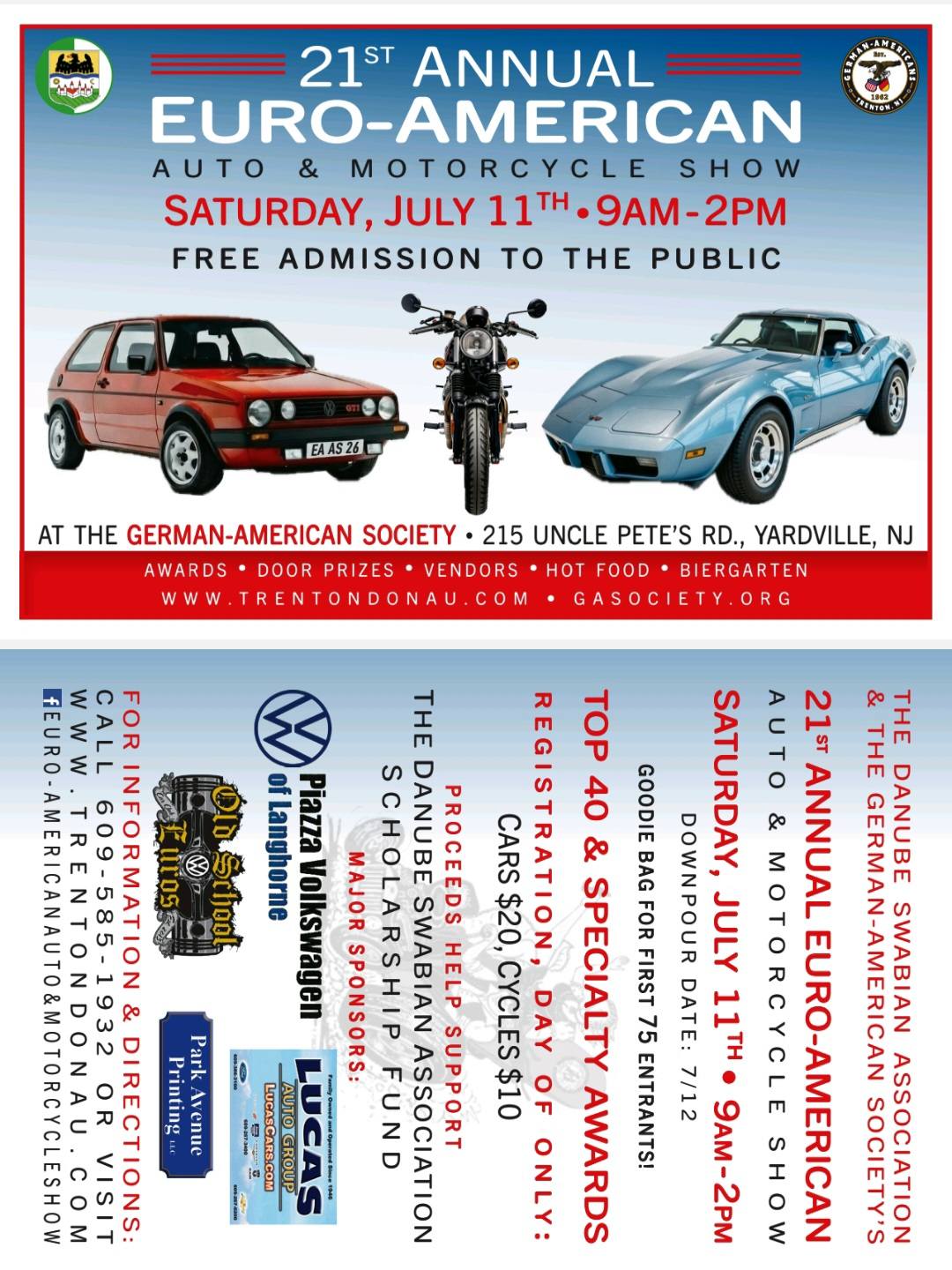 21st Annual Euro-American Auto & Motorcycle Show event at German-American Society in Yardville, NJ on July 11, 2026