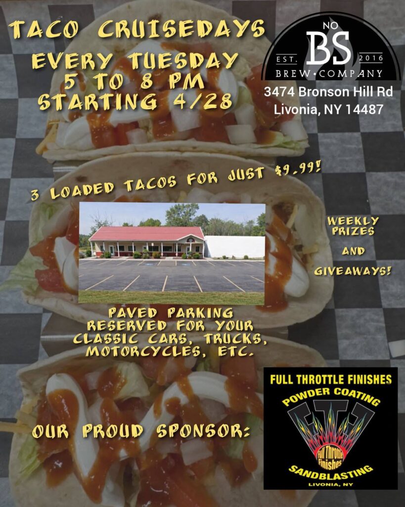Taco Cruisedays event at No BS Brew Company in Livonia, NY on April 28, 2026
