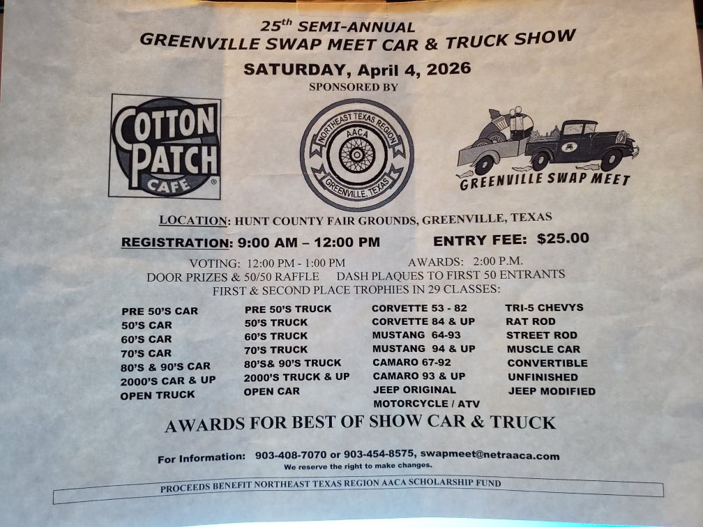 25th Semi-Annual Greenville Swap Meet Car & Truck Show event at Hunt County Fair Grounds in Greenville, TX on April 4, 2026