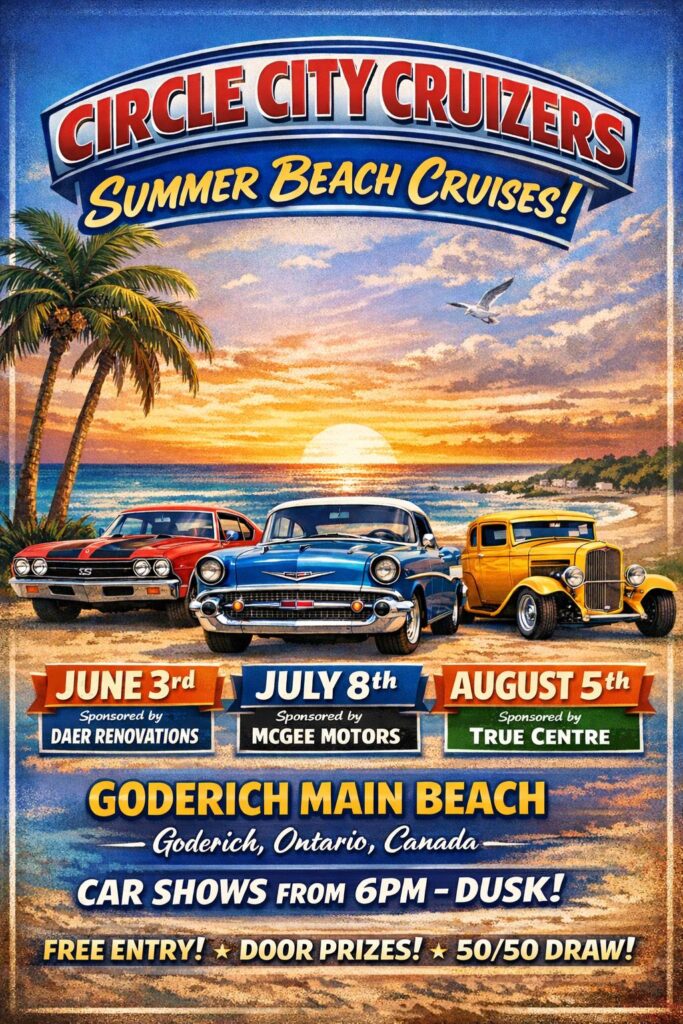 Circle City Cruizers Summer Beach Cruises! event at Goderich Main Beach in Goderich, ON on June 3, 2026
