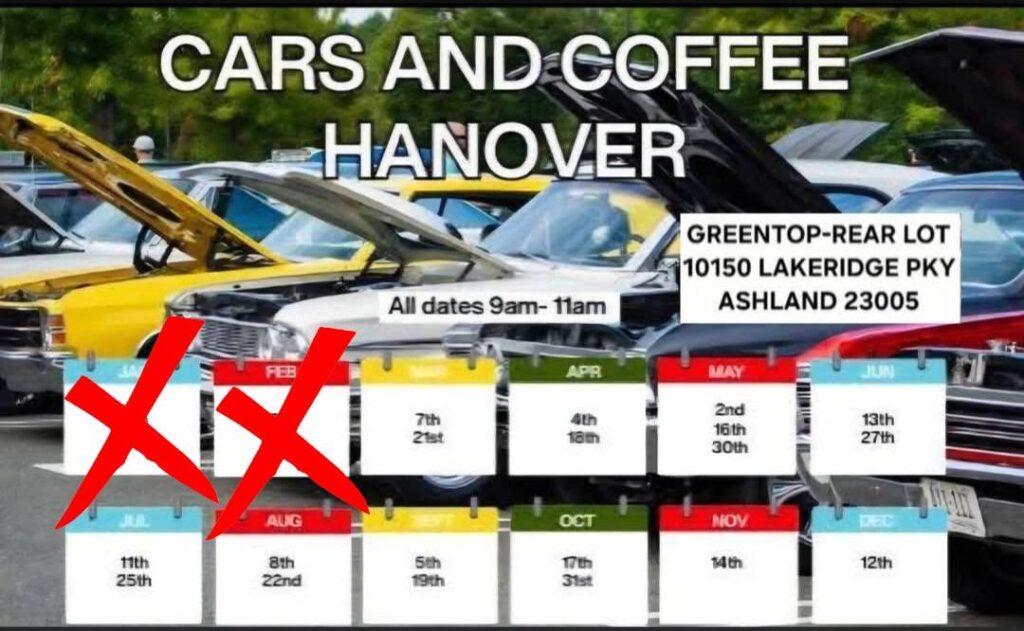 Cars And Coffee Hanover event at Greentop-Rear Lot in Ashland, VA on May 2, 2026