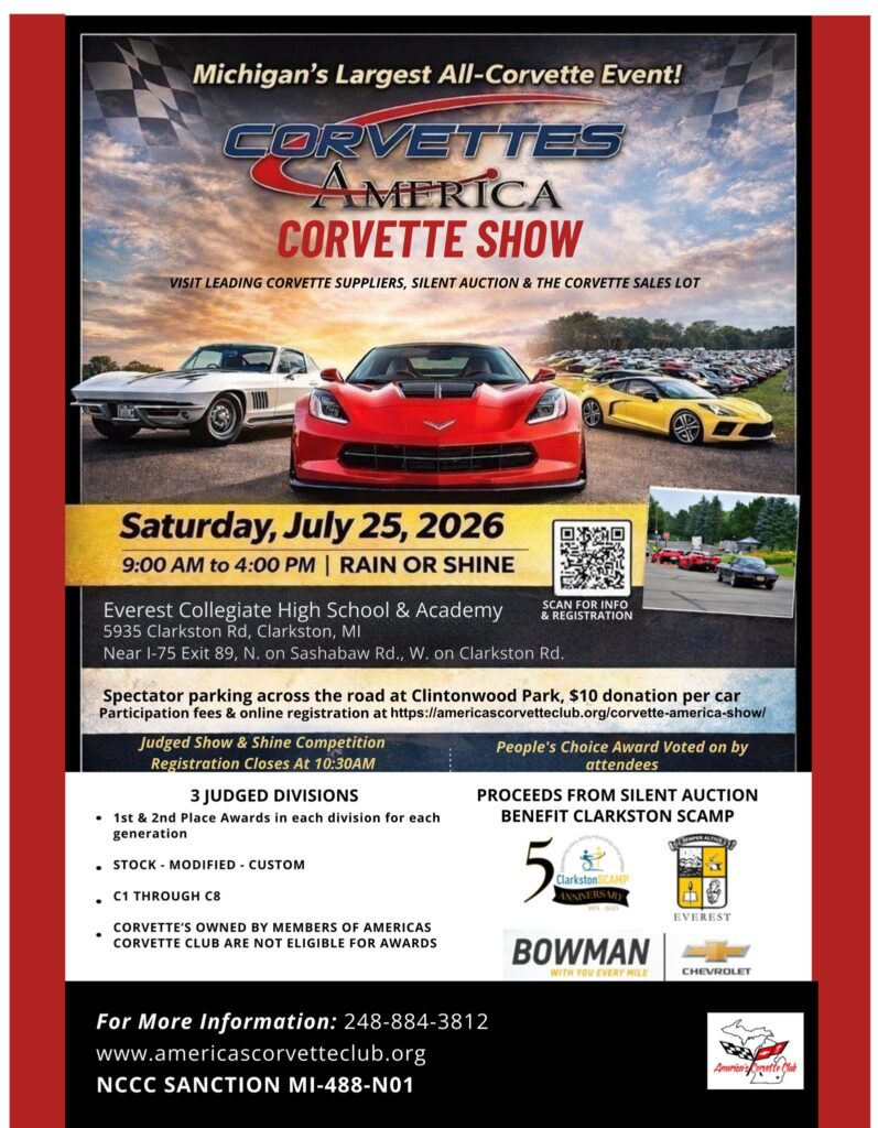 Corvettes America Corvette Show event at Everest Collegiate High School & Academy in Clarkston, MI on July 25, 2026