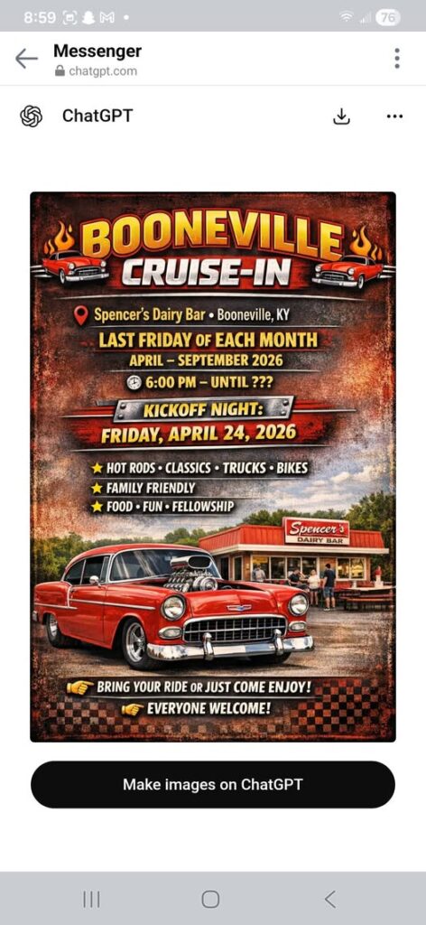 Booneville Cruise-In event at Spencer's Dairy Bar in Booneville, KY on April 24, 2026