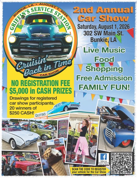2nd Annual Car Show event at Griffin's Service Station in Bunkie, LA on August 1, 2026