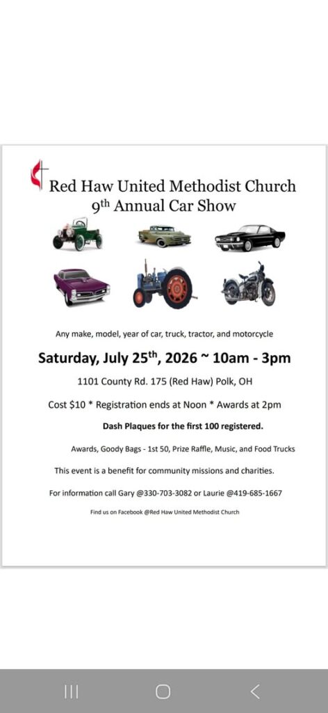 Red Haw United Methodist Church 9th Annual Car Show event at Red Haw United Methodist Church in Polk, OH on July 25, 2026