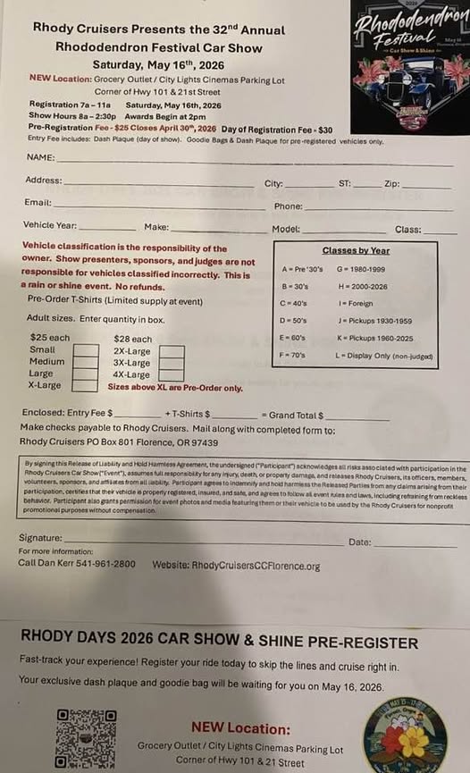 32nd Annual Rhododendron Festival Car Show event at Grocery Outlet / City Lights Cinemas Parking Lot in Florence, OR on May 16, 2026