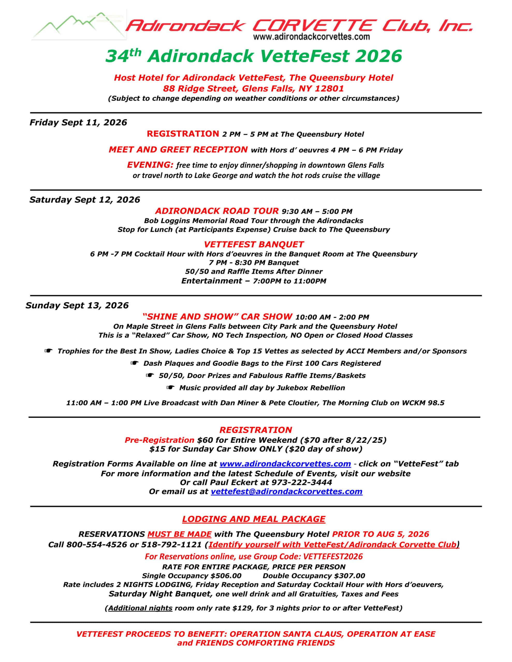 34th Adirondack Vettefest event at The Queensbury Hotel in Glens Falls, NY on September 11, 2026