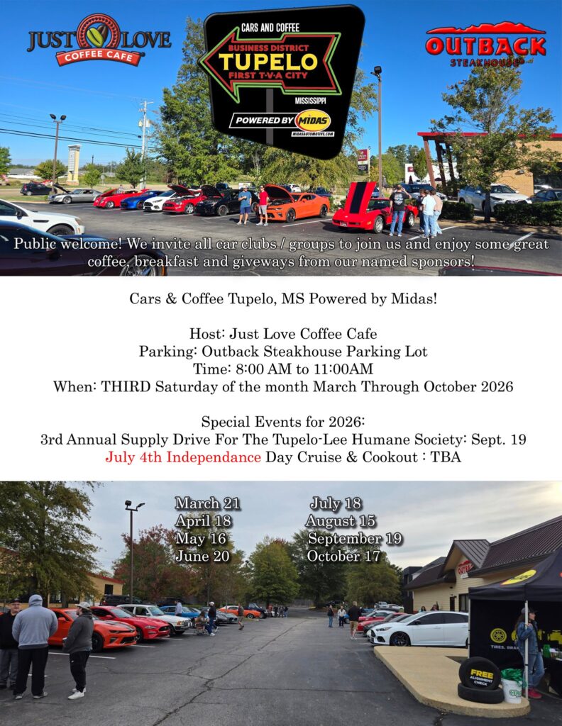 Cars & Coffee Tupelo, MS Powered By Midas event at Just Love Coffee Cafe in Tupelo, MS on April 18, 2026