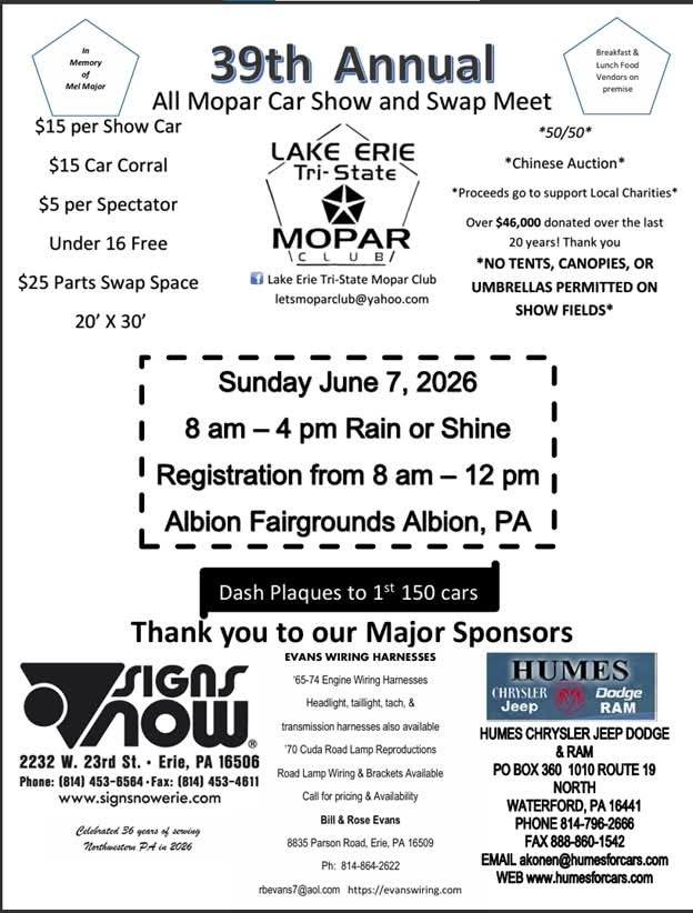 39th Annual All Mopar Car Show And Swap Meet event at Albion Fairgrounds in Albion, PA on June 7, 2026