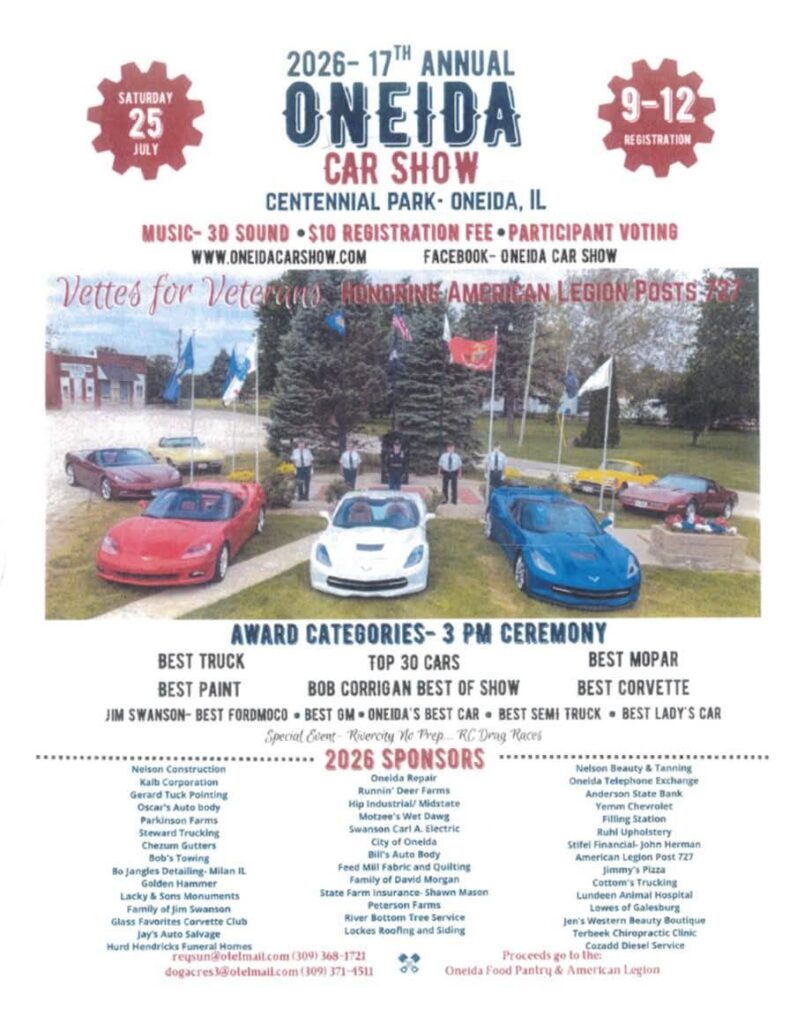 2026 17th Annual Oneida Car Show event at Centennial Park in Oneida, IL on July 25, 2026