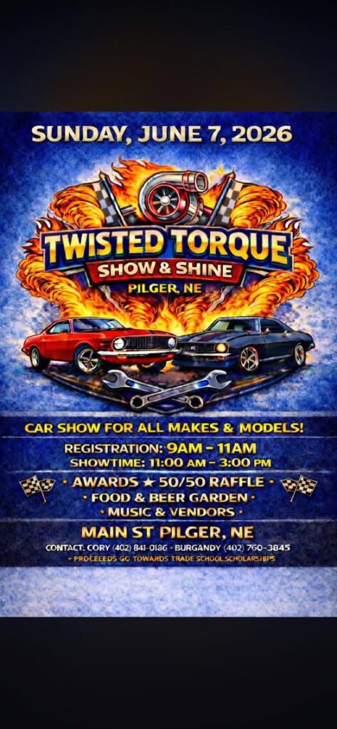Twisted Torque Show & Shine event at Main St in Pilger, NE on June 7, 2026