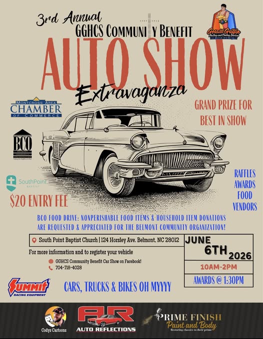 3rd Annual GGHCs Community Benefit Auto Show Extravaganza event at South Point Baptist Church in Belmont, NC on June 6, 2026