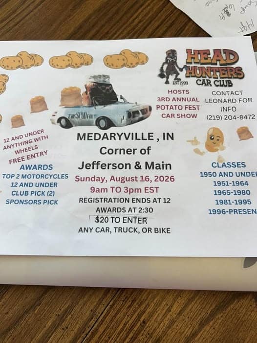 3rd Annual Potato Fest Car Show event at Corner of Jefferson & Main in Medaryville, IN on August 16, 2026