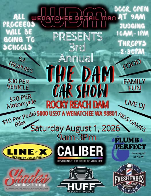 3rd Annual The Dam Car Show event at Rocky Reach Dam in Wenatchee, WA on August 1, 2026