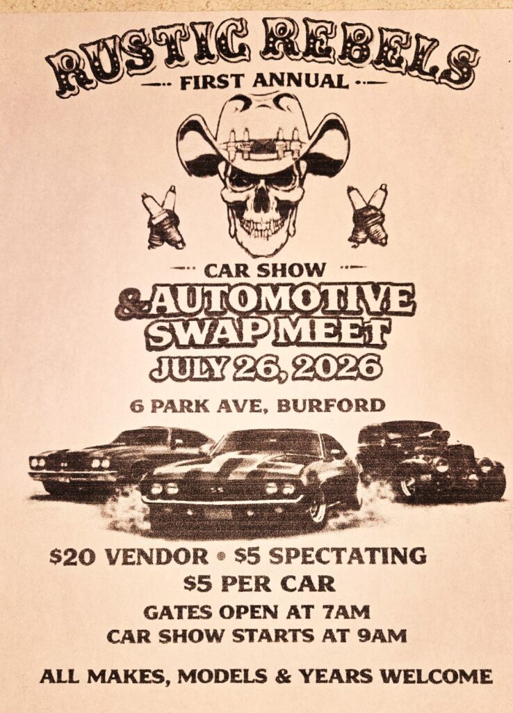 Rustic Rebels First Annual Car Show & Automotive Swap Meet event at 6 Park Ave in Burford, ON on July 26, 2026