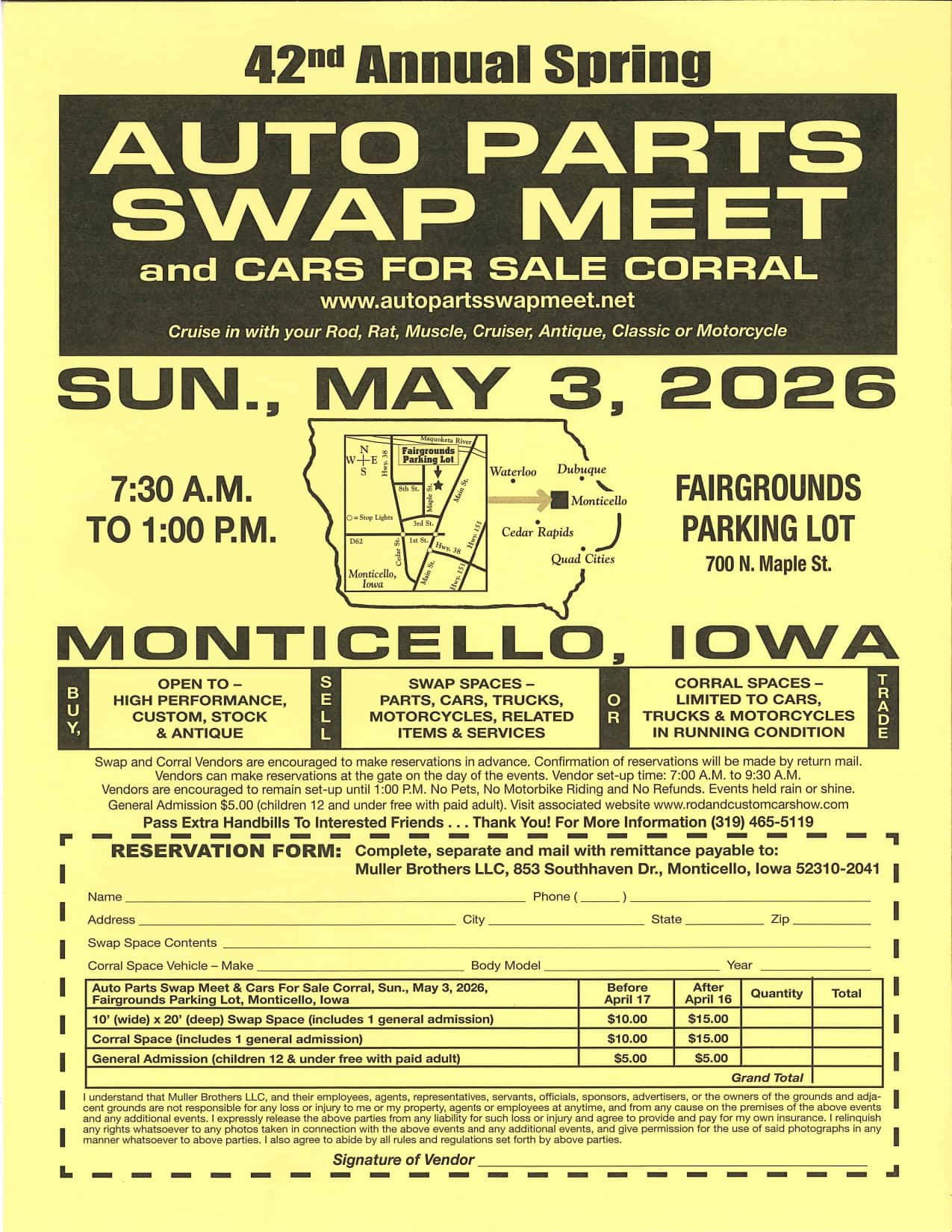 42nd Annual Spring Auto Parts Swap Meet and Cars for Sale Corral event at Monticello Fairgrounds Parking Lot in Monticello, IA on May 3, 2026