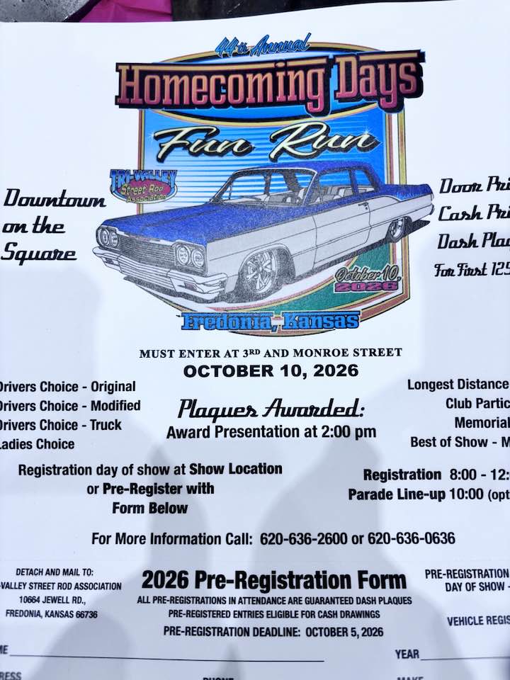 44th Annual Homecoming Days Fun Run event at 3rd & Monroe Street in Fredonia, KS on October 10, 2026