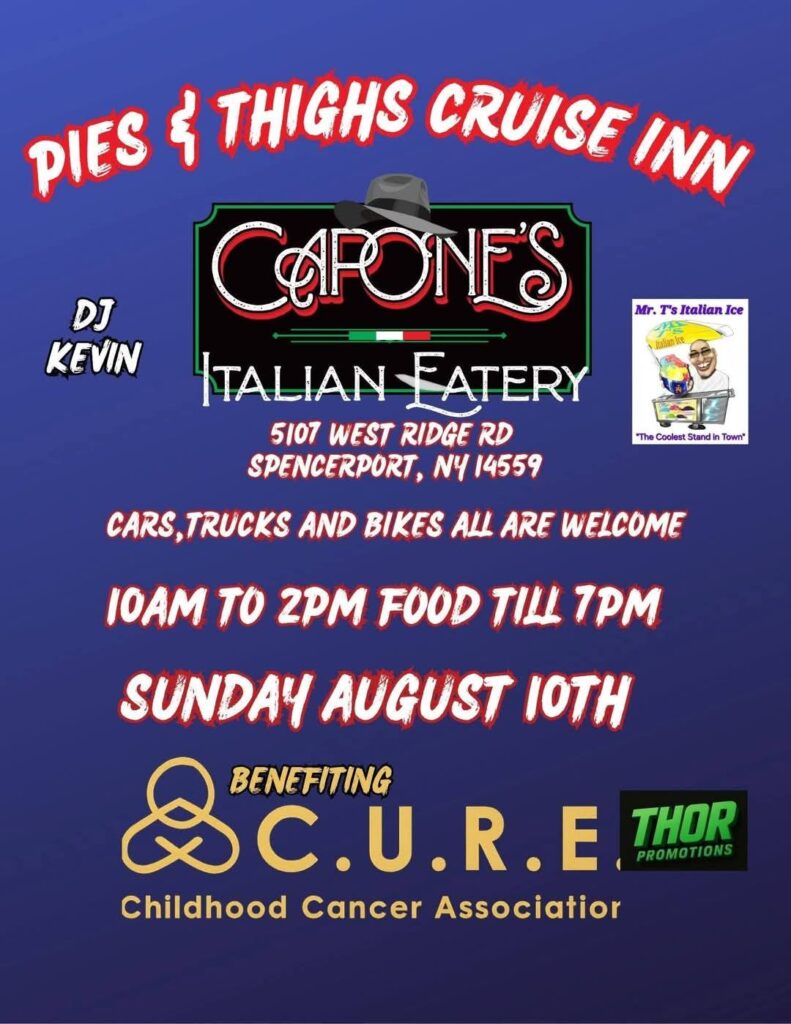 Pies & Thighs Cruise Inn event at Capone's Italian Eatery in Spencerport, NY on August 10, 2026