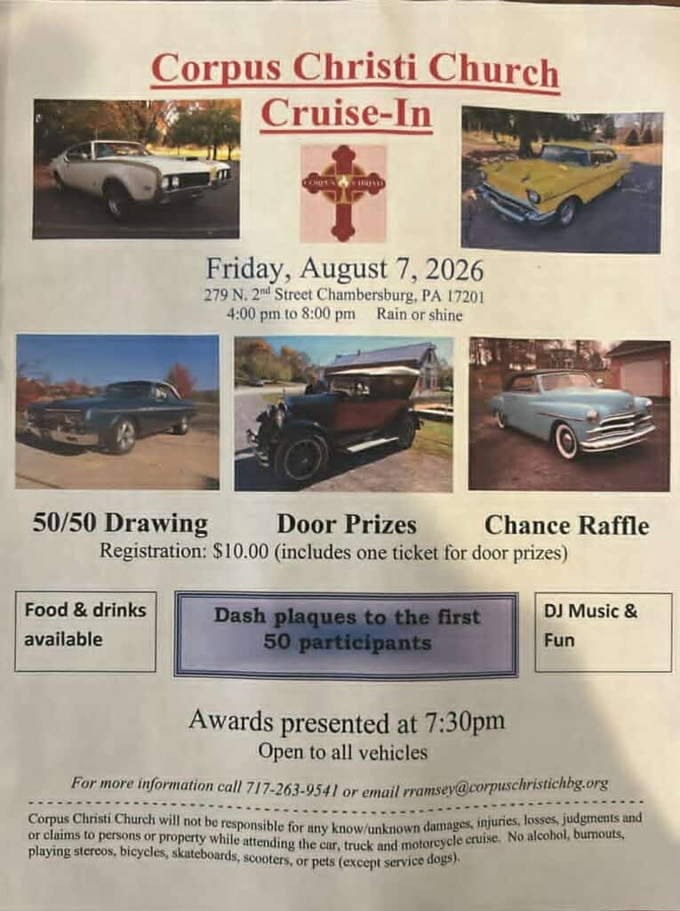 Corpus Christi Church Cruise-In event at Corpus Christi Church in Chambersburg, PA on August 7, 2026