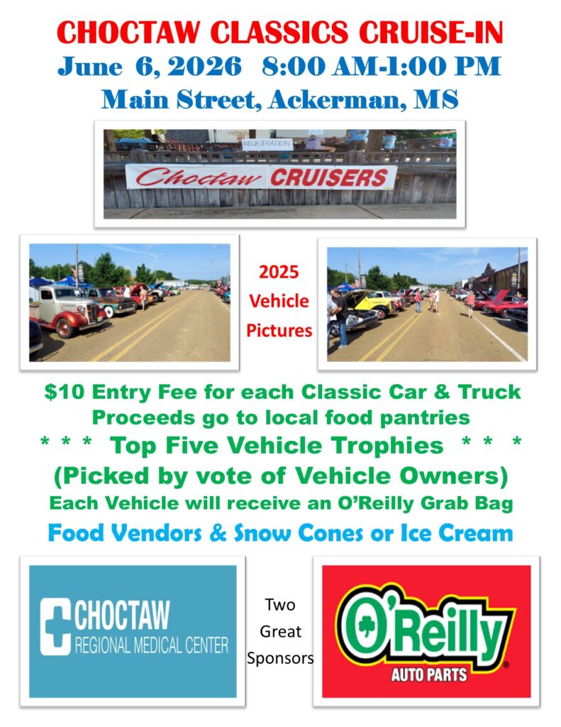 Choctaw Classics Cruise-In event at Main Street in Ackerman, MS on June 6, 2026