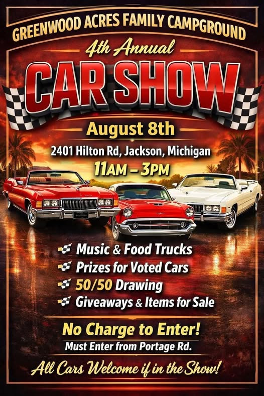 4th Annual Car Show event at Greenwood Acres Family Campground in Jackson, MI on August 8, 2026