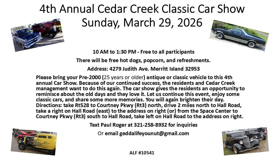 4th Annual Cedar Creek Classic Car Show event at 4279 Judith Ave. in Merritt Island, FL on March 29, 2026