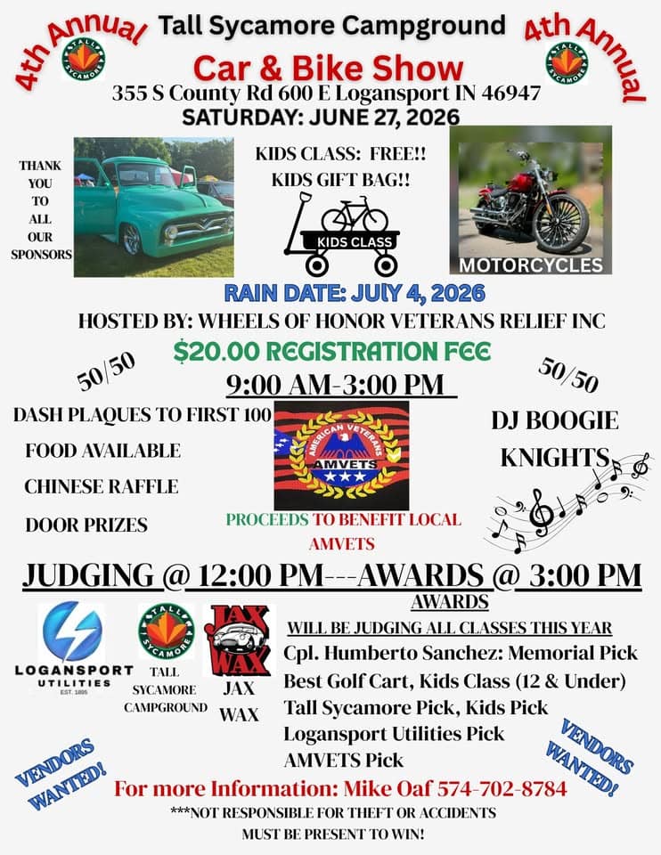 4th Annual Tall Sycamore Campground Car Show event at 355 S. County Road 600 East in Logansport, IN on June 27, 2026